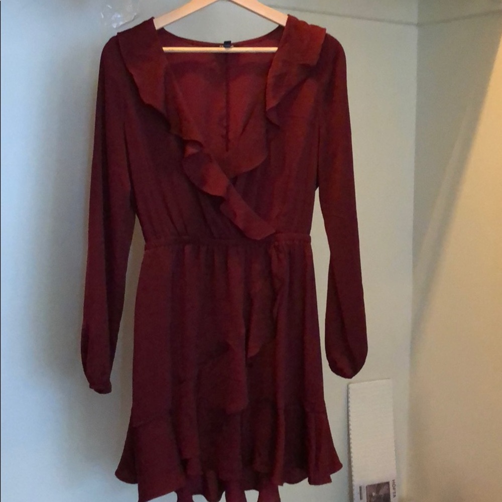 Express Ruffle Elastic Waist Dress Burgundy